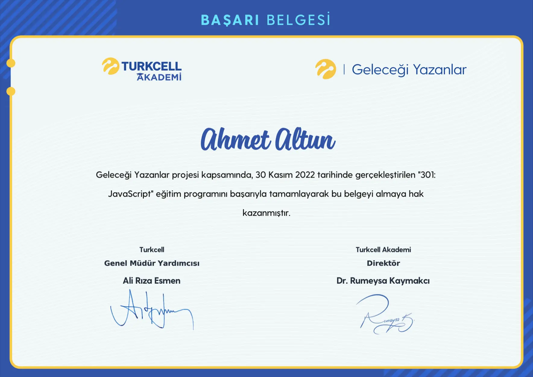 javaScript - Turkcell Akademi - Ahmet Altun Sertifika - ahmetxaltun.com